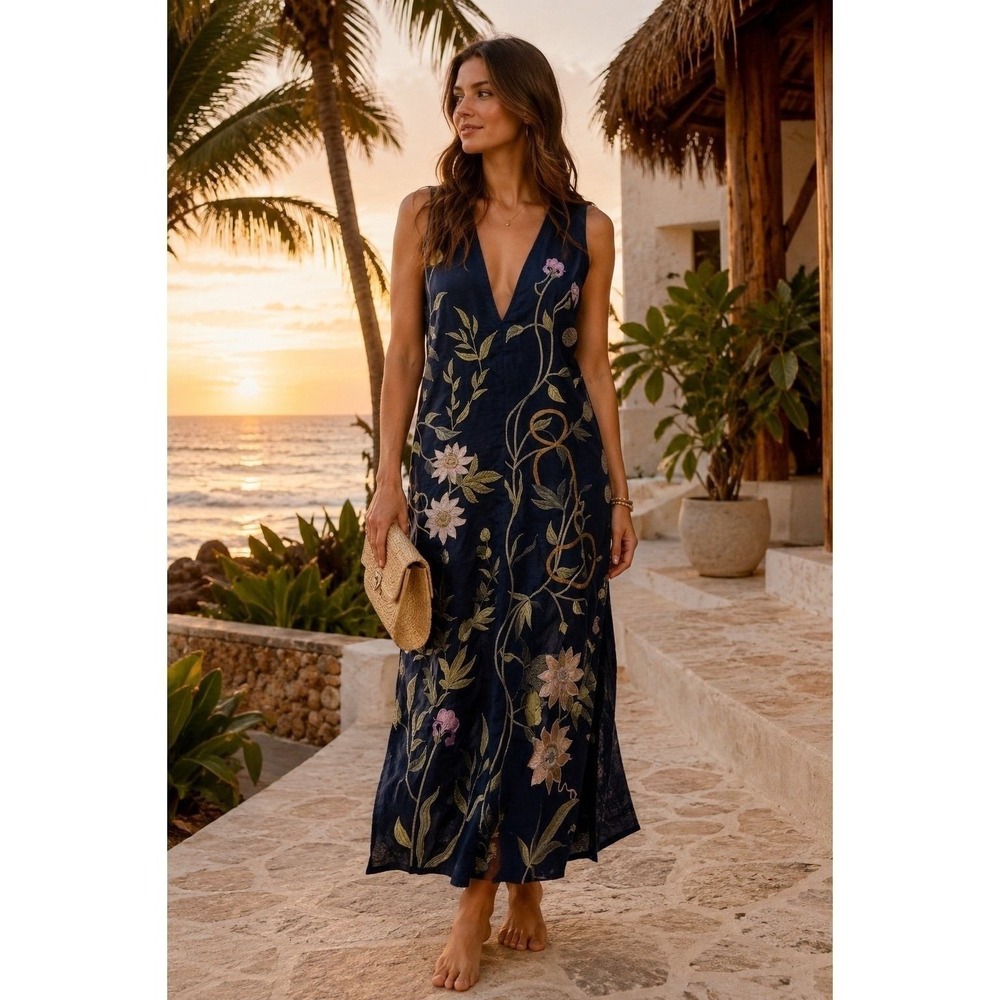 Agua Bendita Linen Embroidered Floral Caftan Dress Navy Blue Size L